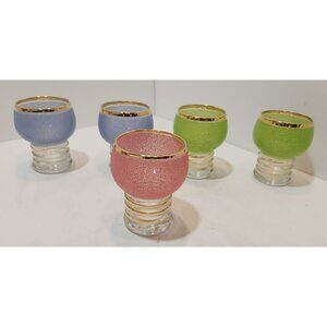 Vtg Anchor Hocking Rare Sugar Frosted Glasses Pink Blue Green with Gold Rim 3.25